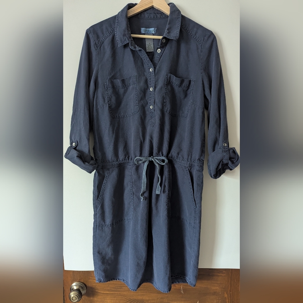 Orvis Women's Medium Navy Linen & Tencel Roll Up Sleeve Shirt Dress